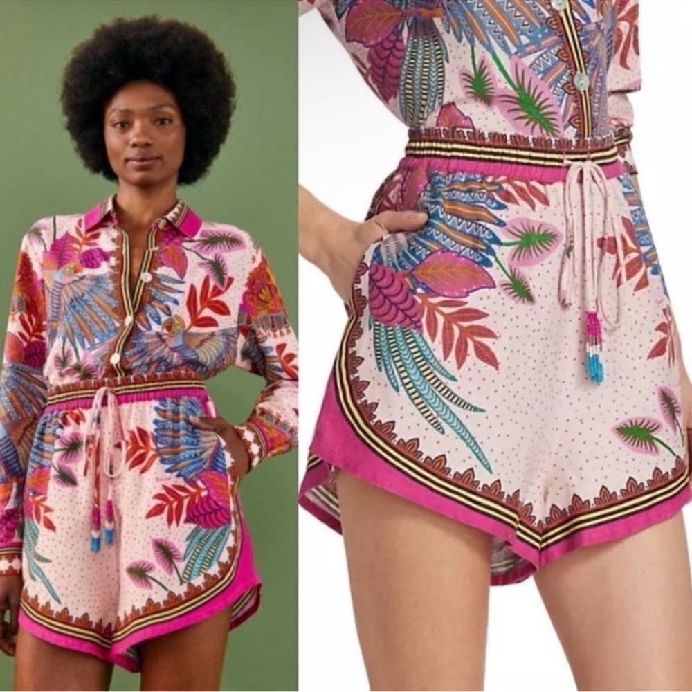 FARM Rio Macaw Shorts Tropical Floral Scarf Print Linen Blend Pull-On Sorts XL - Picture 5 of 15